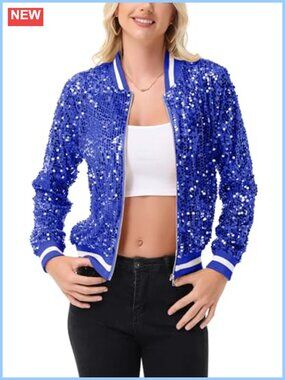 Sequin Bomber Jacket Full Zip Long Sleeve Glitter Party Outerwear